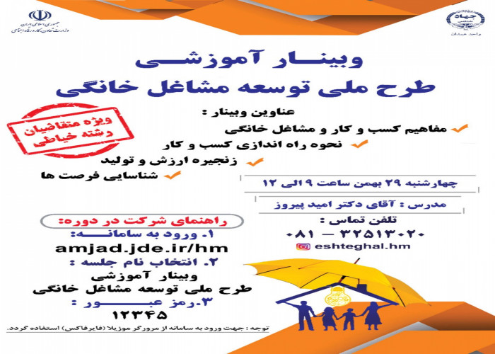 برگزاری «دومین وبینار آموزشی طرح ملی توسعه مشاغل خانگی» در همدان